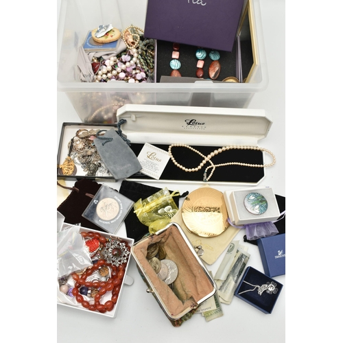 116 - A BOX OF ASSORTED WHITE METAL JEWELLERY AND COSTUME JEWELLERY, to include a white metal marcasite te... 