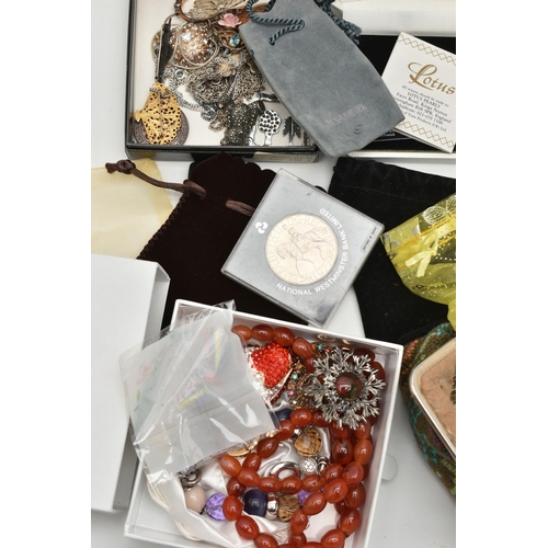 116 - A BOX OF ASSORTED WHITE METAL JEWELLERY AND COSTUME JEWELLERY, to include a white metal marcasite te... 