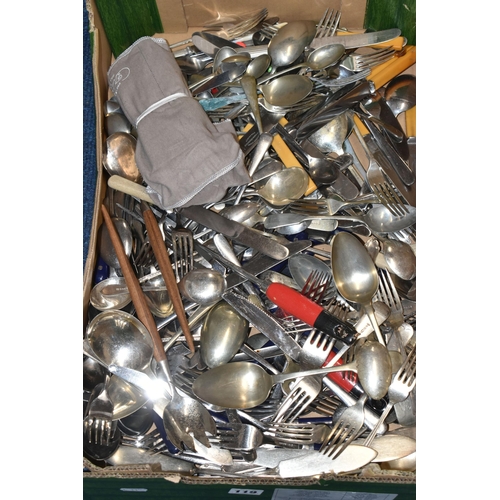 119 - A BOX OF ASSORTED CUTLERY, to include salad servers, knives, forks, spoons etc