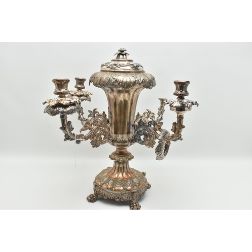 120 - A SILVER PLATED EPERGNE CENTRE PIECE, silver plate on copper, flower centre piece with cover (cover ... 