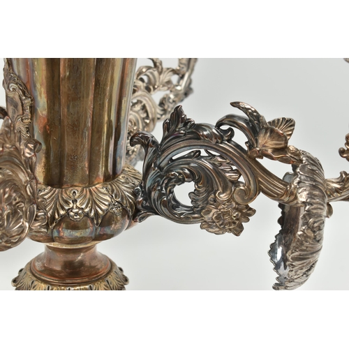 120 - A SILVER PLATED EPERGNE CENTRE PIECE, silver plate on copper, flower centre piece with cover (cover ... 