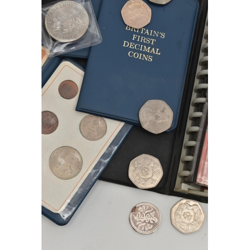 121 - A LARGE CARDBOARD BOX CONTAINING COINS, COIN ALBUM,  to include an album of mixed coins inc sliver c... 