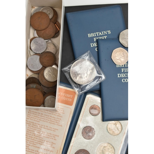 121 - A LARGE CARDBOARD BOX CONTAINING COINS, COIN ALBUM,  to include an album of mixed coins inc sliver c... 