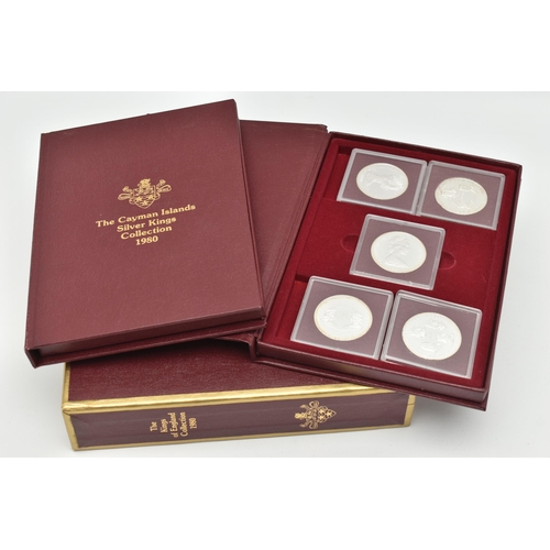 123 - A KINGS OF ENGLAND COLLECTION 1980, TWO BOOKS OF FIVE X CAYMEN ISLANDS PROOF $25 COINS, with certifi... 