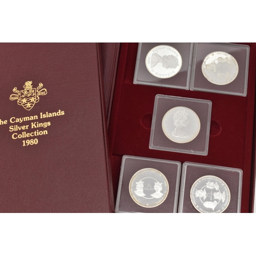 123 - A KINGS OF ENGLAND COLLECTION 1980, TWO BOOKS OF FIVE X CAYMEN ISLANDS PROOF $25 COINS, with certifi... 