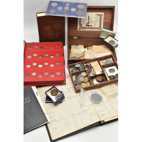 127 - A WOODEN BOX AND COIN ALBUM CONTAINING MIXED WORLD COINAGE, to include coin from India 1804 Uncircul... 
