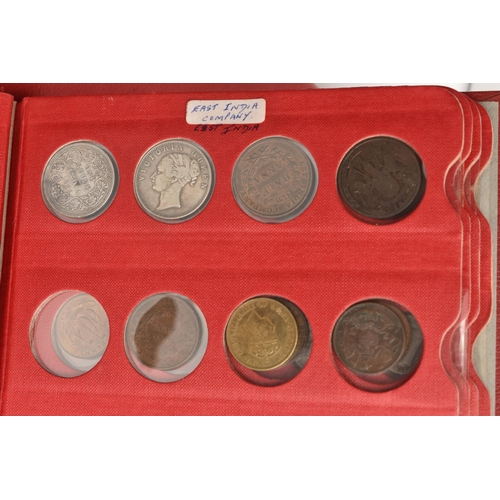 127 - A WOODEN BOX AND COIN ALBUM CONTAINING MIXED WORLD COINAGE, to include coin from India 1804 Uncircul... 