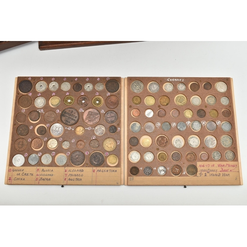 128 - A WOODEN COIN CABINET COMPRISING OF 19 DRAWERS OF COINAGE FROM 16th-20th CENTURY, to include Crown s... 