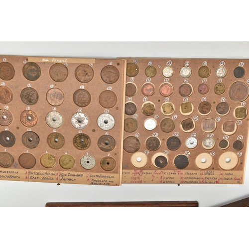 128 - A WOODEN COIN CABINET COMPRISING OF 19 DRAWERS OF COINAGE FROM 16th-20th CENTURY, to include Crown s... 