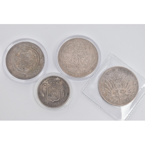 132 - A PARCEL OF SILVER COINS, to include Egypt 20 Piastres 1917, a Turkey 6 Kurus 1836, and a Danish Two... 