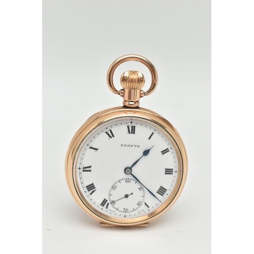 136 - A ROLLED GOLD OPEN FACE 'STAYTE' POCKET WATCH, manual wind, round white dial signed 'Stayte', Roman ... 