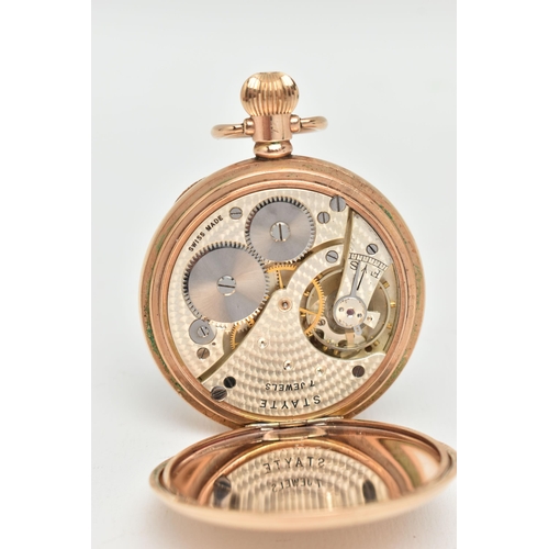 136 - A ROLLED GOLD OPEN FACE 'STAYTE' POCKET WATCH, manual wind, round white dial signed 'Stayte', Roman ... 