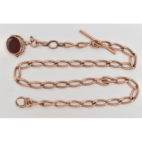 137 - A 9CT ROSE GOLD ALBERT CHAIN WITH FOB, oval links each stamped 9.375, fitted with a T-bar hallmarked... 