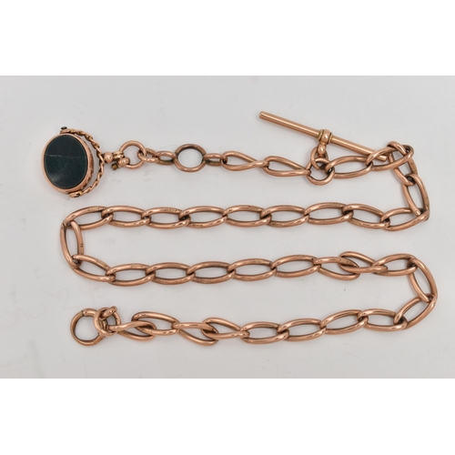 137 - A 9CT ROSE GOLD ALBERT CHAIN WITH FOB, oval links each stamped 9.375, fitted with a T-bar hallmarked... 