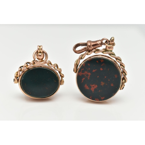 138 - TWO 9CT GOLD SWIVEL FOBS, the first of a circular form set with carnelian with engraved intaglio and... 