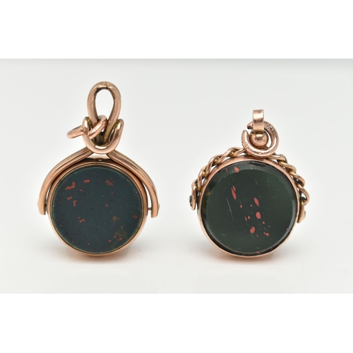 139 - TWO SWIVEL FOBS, the first of a circular form set with carnelian and bloodstone inlays, mount hallma... 