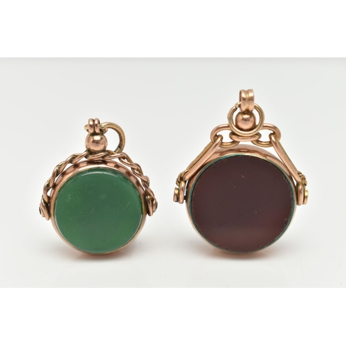 140 - TWO 9CT GOLD SWIVEL FOBS, the first of a circular form set with carnelian and bloodstone inlays, mou... 