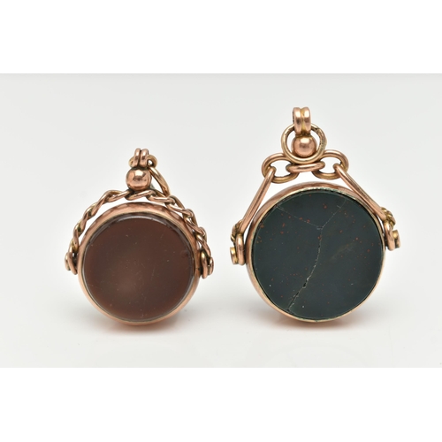 140 - TWO 9CT GOLD SWIVEL FOBS, the first of a circular form set with carnelian and bloodstone inlays, mou... 