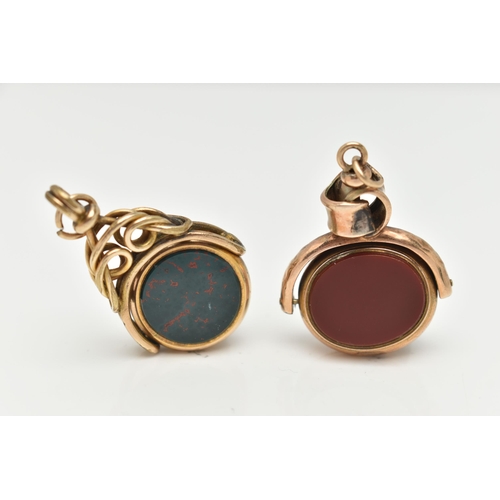 141 - TWO YELLOW METAL SWIVEL FOBS, to include a gold plated circular fob set with bloodstone and sardonyx... 