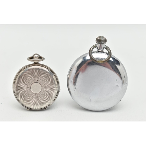 19 - TWO OPEN FACE POCKET WATCHES, the first with white face, black Roman numerals, stamped Platnauer Fre... 