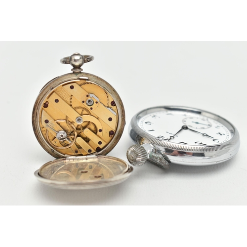 19 - TWO OPEN FACE POCKET WATCHES, the first with white face, black Roman numerals, stamped Platnauer Fre... 