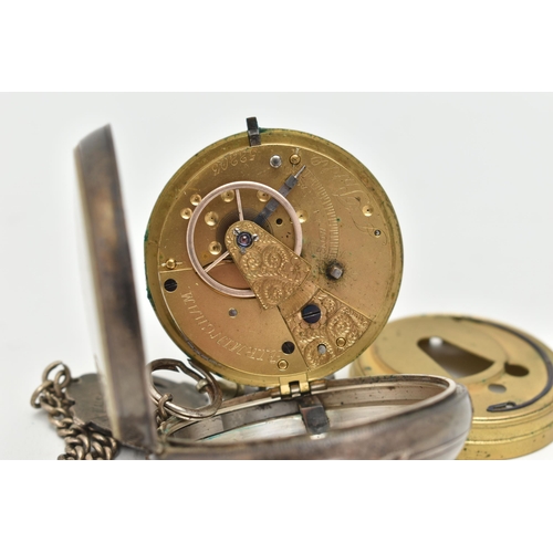 22 - A LATE VICTORIAN SILVER OPEN FACE POCKET WATCH AND ALBERT CHAIN, key wound, round discoloured white ... 