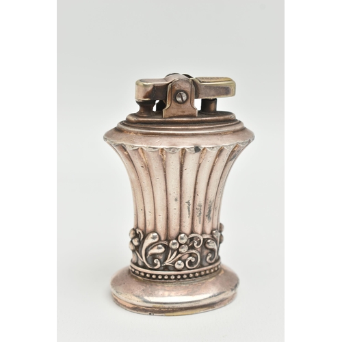 29 - A 'RONSON' SILVER PLATED TABLE LIGHTER, tapered form with foliage and berry pattern, striker signed ... 