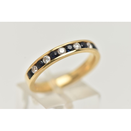 38 - AN 18CT GOLD DIAMOND AND SAPPHIRE HALF ETERNITY RING, round brilliant cut diamonds and round cut blu... 