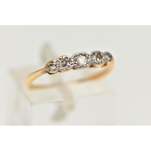 43 - A FIVE STONE DIAMOND RING, five single cut diamonds, set in a white metal illusion setting, leading ... 