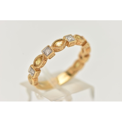 45 - A DIAMOND AND SAPPHIRE BAND RING, comprised of six marquise cut yellow sapphires and five round bril... 