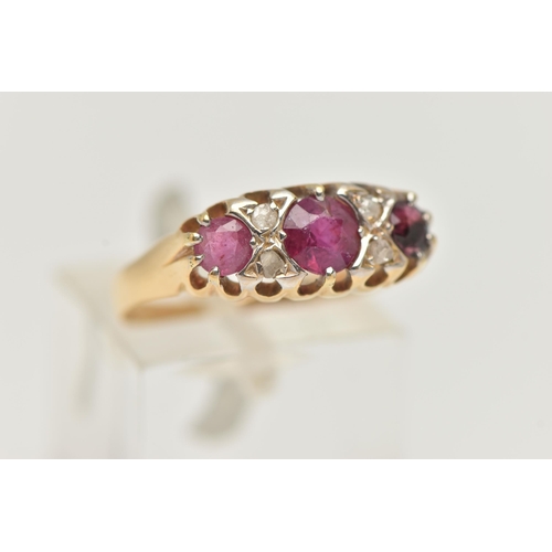 46 - A RUBY AND DIAMOND RING, three round cut rubies accented with three rose cut diamonds and a single c... 