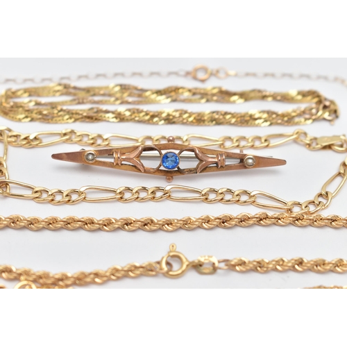 5 - AN ASSORTMENT OF 9CT GOLD AND YELLOW METAL JEWELLERY, to include a rope chain bracelet, a figaro cha... 