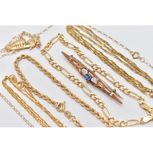 5 - AN ASSORTMENT OF 9CT GOLD AND YELLOW METAL JEWELLERY, to include a rope chain bracelet, a figaro cha... 