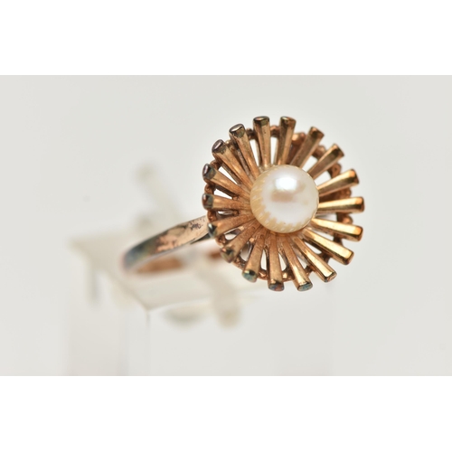 52 - A 9CT GOLD CULTURED PEARL RING, an abstract floral design set with a single cultured pearl, hallmark... 