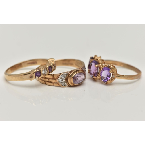 53 - THREE 9CT GOLD AMETHYST RINGS, the first a three stone oval cut amethyst ring with round brilliant c... 