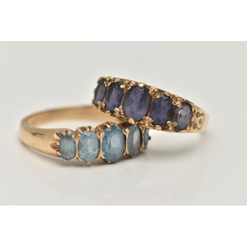 54 - TWO 9CT GOLD GEM SET RINGS, the first a five stone oval cut blue topaz ring, prong set in yellow gol... 