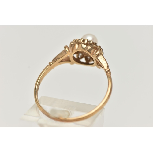 56 - A 9CT GOLD CULTURED PEARL AND DIAMOND CLUSTER RING, circular cluster, set with a single cultured pea... 