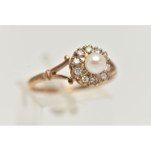 56 - A 9CT GOLD CULTURED PEARL AND DIAMOND CLUSTER RING, circular cluster, set with a single cultured pea... 