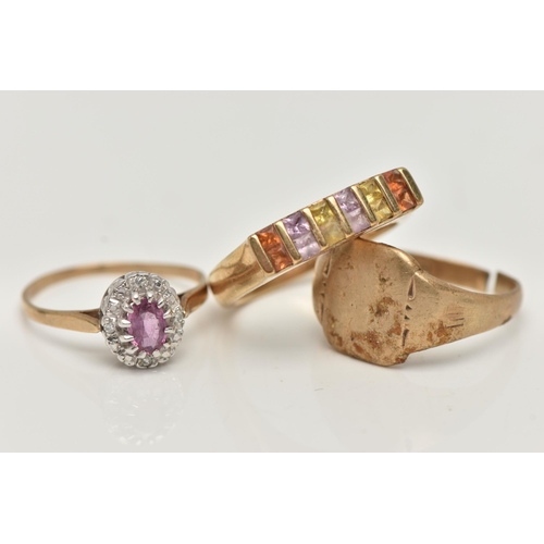 57 - THREE RINGS, to include a 9ct gold AF signet ring, square signet polished form, split shank, approxi... 