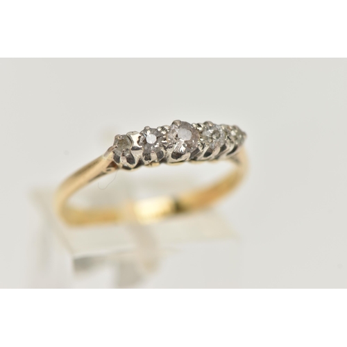 6 - A FIVE STONE DIAMOND RING, five old cut diamonds prong set in white metal, leading on to a yellow me... 