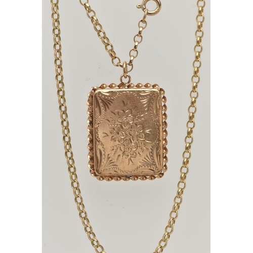 60 - A 9CT YELLOW GOLD LOCKET AND CHAIN, rectangular locket with foliage pattern and rope twist surround,... 