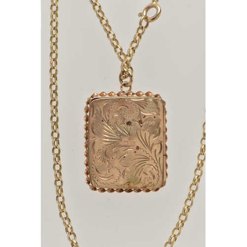 60 - A 9CT YELLOW GOLD LOCKET AND CHAIN, rectangular locket with foliage pattern and rope twist surround,... 