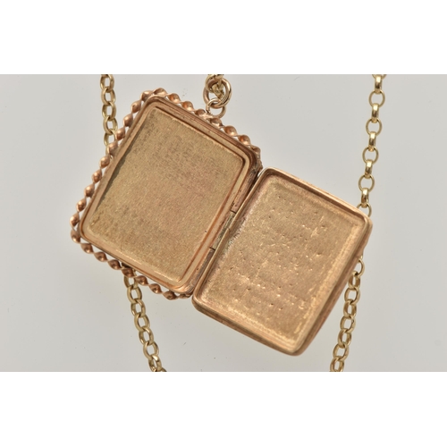 60 - A 9CT YELLOW GOLD LOCKET AND CHAIN, rectangular locket with foliage pattern and rope twist surround,... 