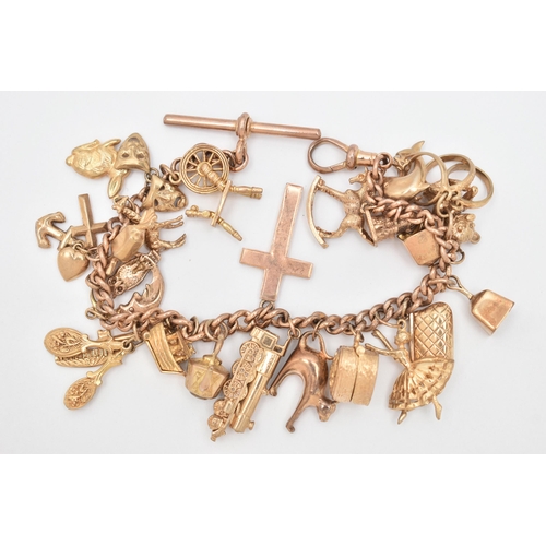 63 - A 9CT GOLD CHARM BRACELET, curb link bracelet, each linked stamped 9.375, fitted with a T-bar hallma... 