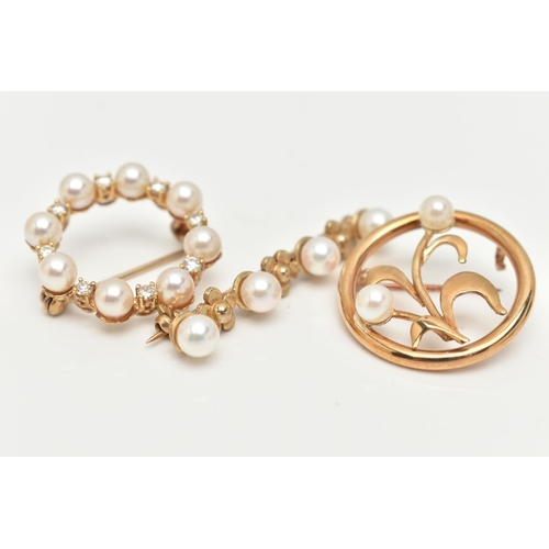 66 - THREE 9CT GOLD BROOCHES, to include a floral detailed bar brooch set with four cultured white pearls... 