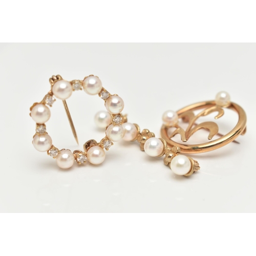 66 - THREE 9CT GOLD BROOCHES, to include a floral detailed bar brooch set with four cultured white pearls... 