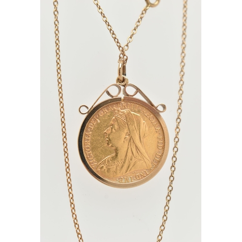 67 - A LATE VICTORIAN FULL GOLD SOVEREIGN PENDANT AND CHAIN, depicting Queen Victoria Obverse, George and... 