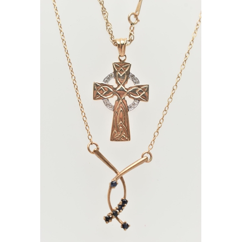 68 - TWO PENDANT NECKLACES, the first a Celtic cross pendant, set with single cut diamond accents, fitted... 