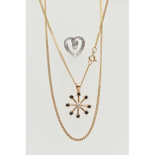 69 - TWO PENDANTS AND A CHAIN, to include a 9ct white gold open heart pendant set with single cut diamond... 