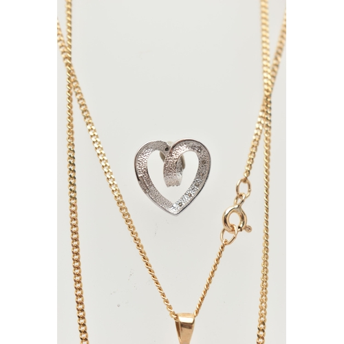69 - TWO PENDANTS AND A CHAIN, to include a 9ct white gold open heart pendant set with single cut diamond... 